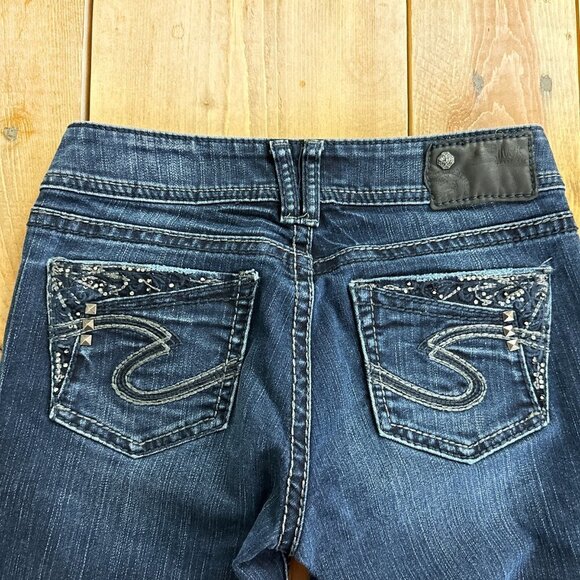 Silver Suki 17 " Jeans Rhinestones Black Patch Size 26 - Picture 5 of 10